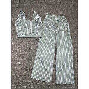 green & white striped, wide-leg Pants NWT Patpat 10-11Y Girls Flutter Top Outfit